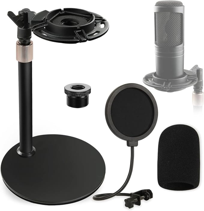 Verstelbare Microfoonstandaard met Schokabsorber, Schuim Windbescherming en Popfilter voor Opnames en Live Geluid