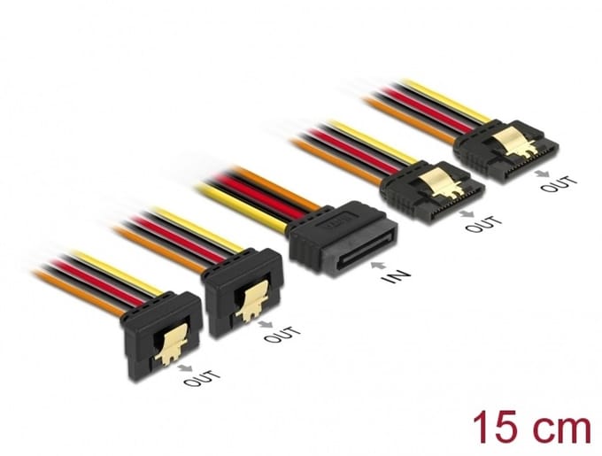 Delock Cable SATA 15 pin power plug with latching function > SATA 15 pin power receptacle 2 x straight / 2 x down 15 cm