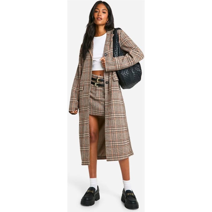 boohoo Dames Lange geruite jas met wollen-look | Stone | Maat: 6