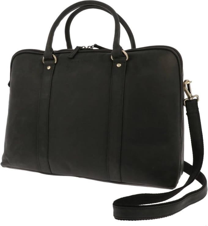 MoreThanHip - Dames laptoptas 15,6" in mat zwart vintage ecoleer - Hazel - 40 x 28 x 13 cm