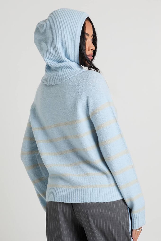 boohoo Dames Neck Detail Stripe Knit Jumper | Ice Blue | Maat: Medium