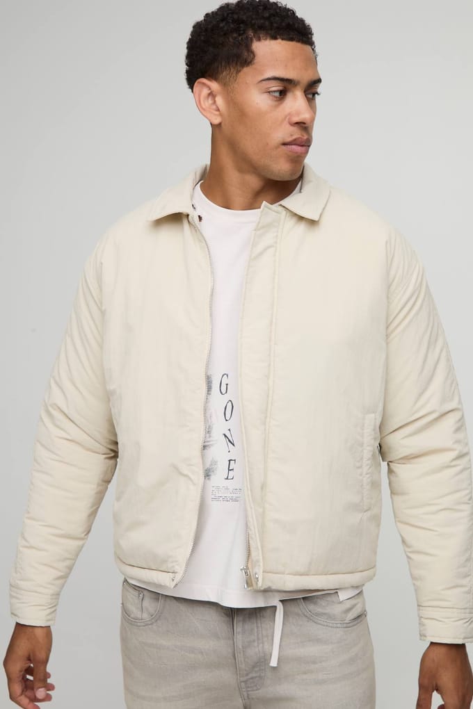 Boxy Fit Peached Crinkle Nylon Coach Jacket | Stone | Size Medium