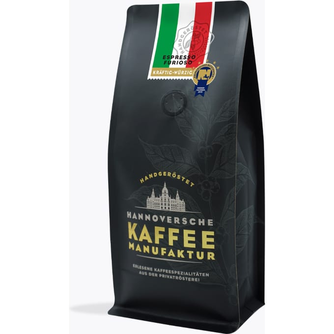 Hannoversche Kaffeemanufaktur Espresso Furioso 1 kg | Ganze Bohne | Zuid-Amerika, Azië | Krachtige espresso met chocoladetoetsen voor volautomatische machines