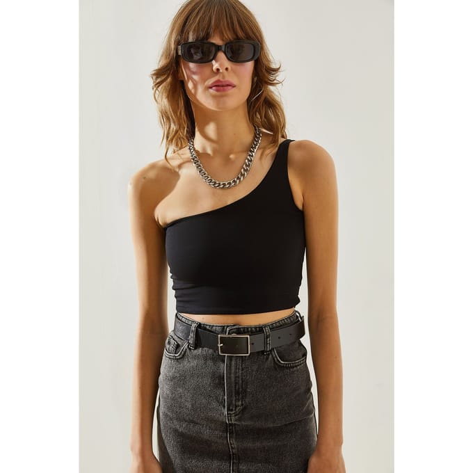 Asymmetrische Kraag Aansluitende Cropped Top