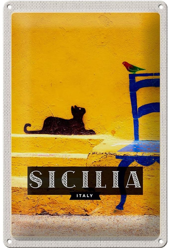 Blechschild Reise 20x30 Sizilien Italien malerisches Bild Katze