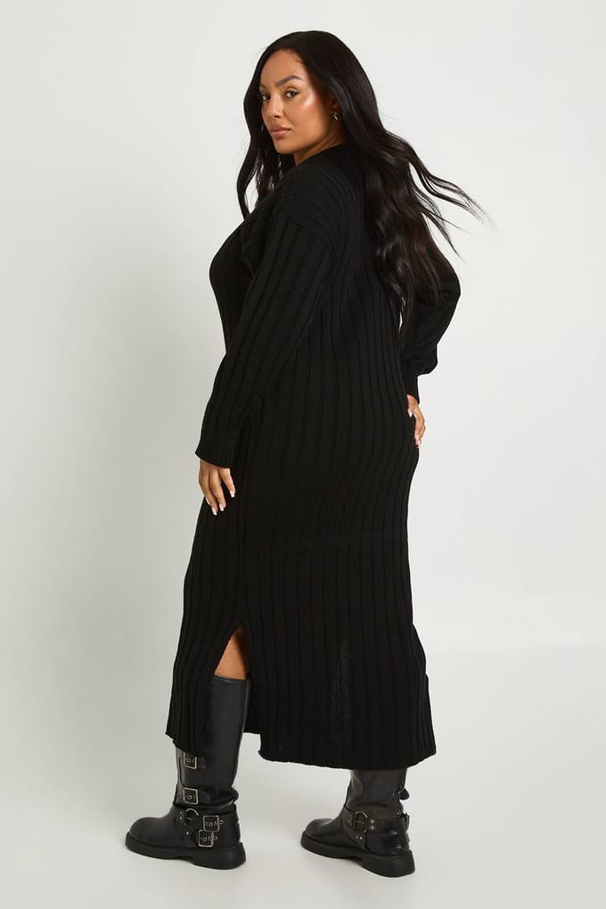 boohoo Dames Plus Chunky Rib Zachte Gebreide Midaxi Jurk | Zwart | Maat: 48