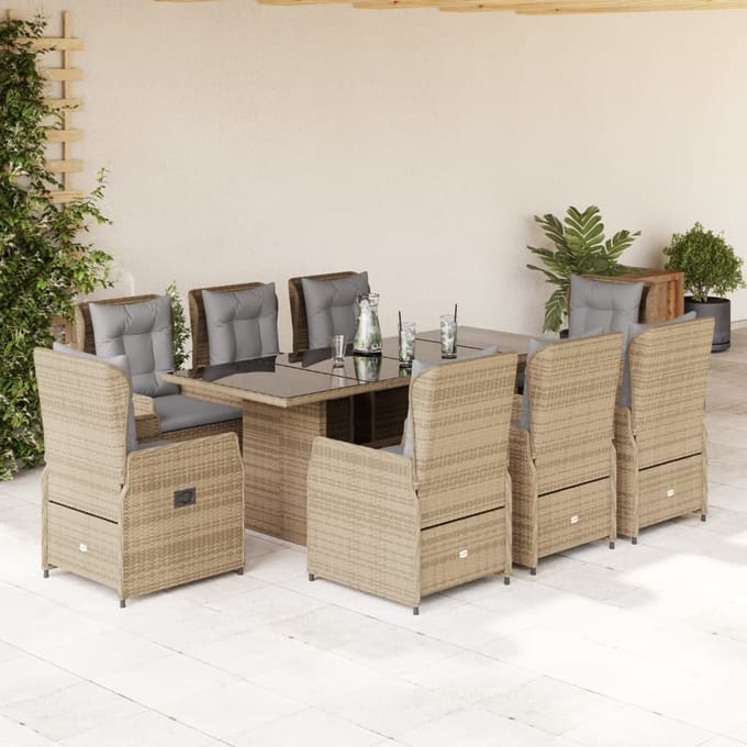 vidaXL - 9-delige - Tuinset - met - kussens - poly - rattan - beige