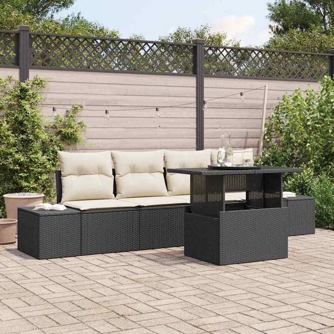 vidaXL - Bankstel - 5 - st - Zwart - en - Crème - poly - rattan