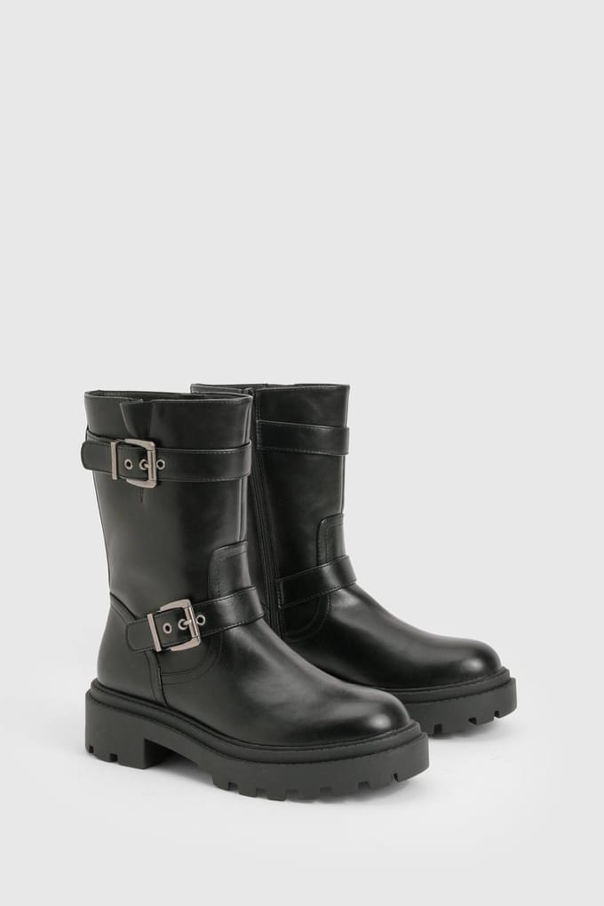 boohoo Dames Hiker Boots met Dubbele Gesp Details | Black | Maat: 8