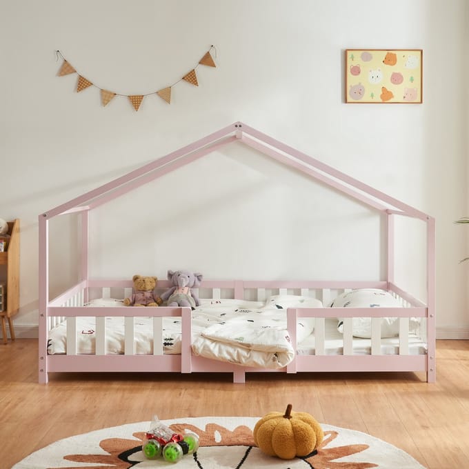 Kinderbed Treviolo met uitvalbeveiliging en matras 140x200 roze [en.casa]