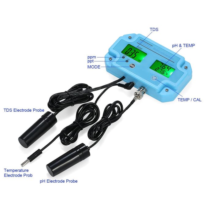 Professionele 3-in-1 pH/TDS/TEMP-meter Waterdetector Digitale LCD-tri-meter met meerdere parameters US Plug blauw