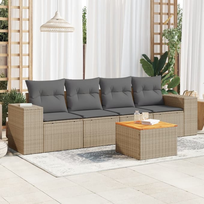 vidaXL - 5-delige - Loungeset - met - kussens - poly - rattan - beige
