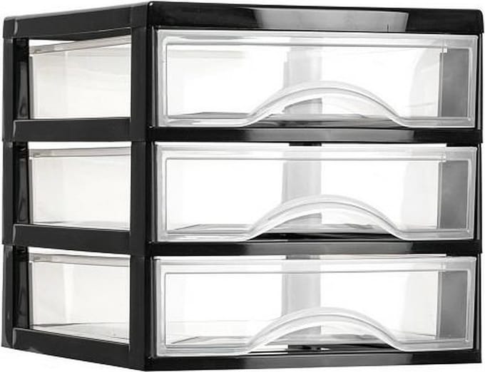Plasticforte Ladeblokje/bureau organizer 3x lades - zwart/transparant - L18 x B21 x H17 cm - plastic