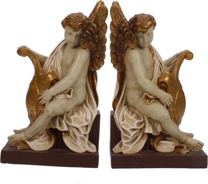 Boekensteun Engel met schild crème/goudkl. S/2 14x11x24,5cm
