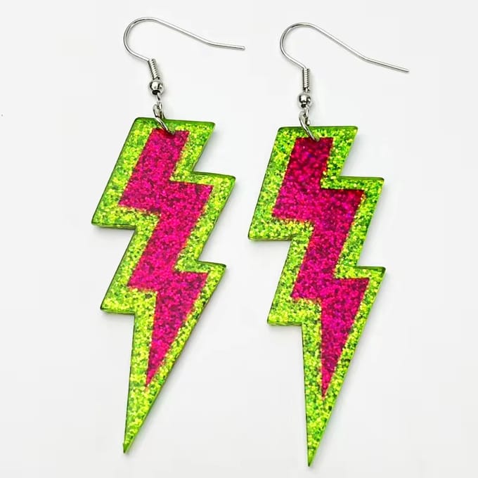 Retro Glitter Oorbellen - Bliksem - Groen - Paars
