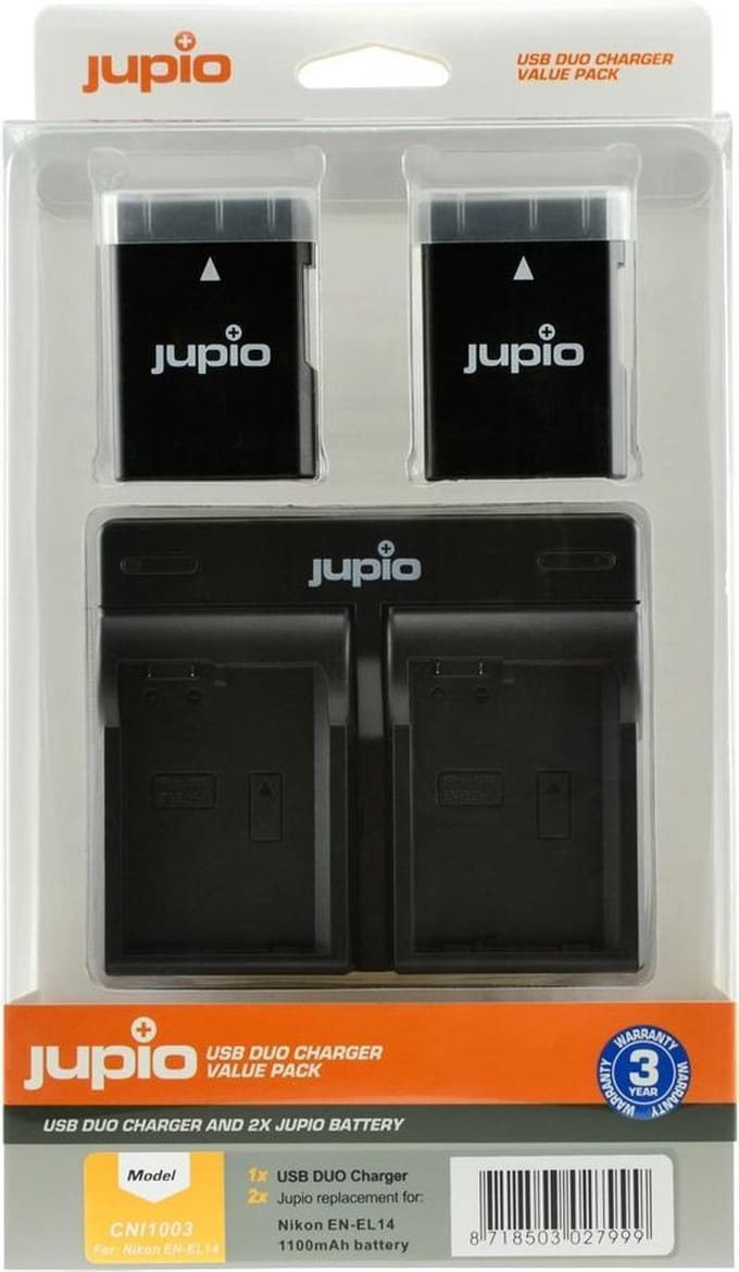 Jupio Kit: 2x Battery EN-EL14/EN-EL14A 1100mAh + USB Dual Charger