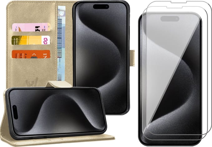 Hoesje geschikt voor iPhone 15 Pro Max - 2x Screen Protector GlassGuard - Book Case Kunstleer Pasjeshouder Goud & Screenprotector