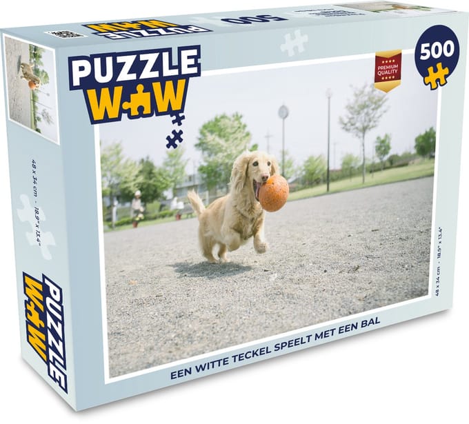 Puzzel Een witte Teckel speelt met een bal - Legpuzzel - Puzzel 500 stukjes