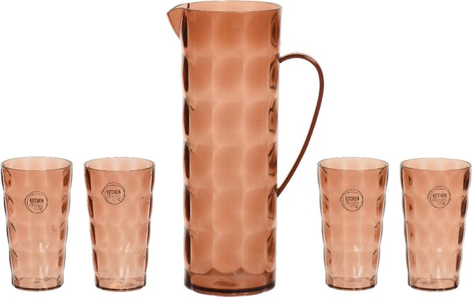Decoris Waterkan/karaf set - incl. 4 bekers - 1,7L - kunststof - terra bruin