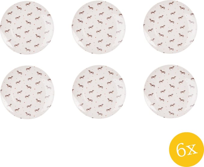 Clayre & Eef Dinerbord set van 6 stuks Ø 26 cm Beige Bruin Porselein Rond Teckels Eetbord