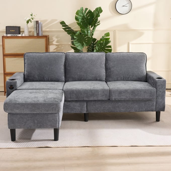Hoekbank Slaapbank L Vorm Sofa USB Type C Grijs Linnen