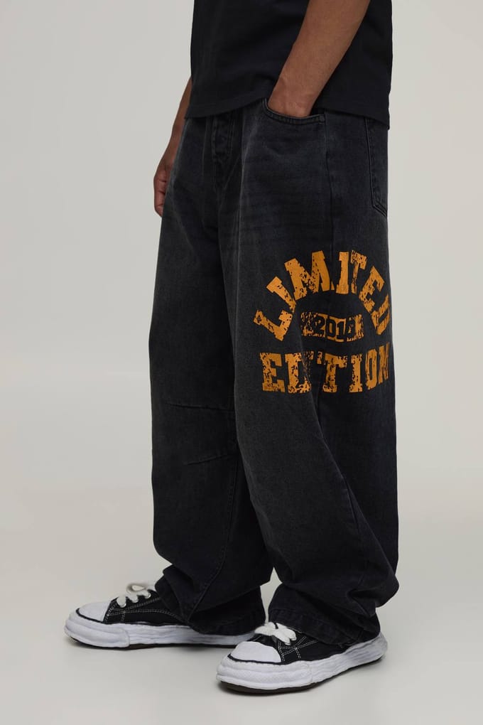 Balloon Rigid Varsity Print Denim Jeans | Black | Size 56