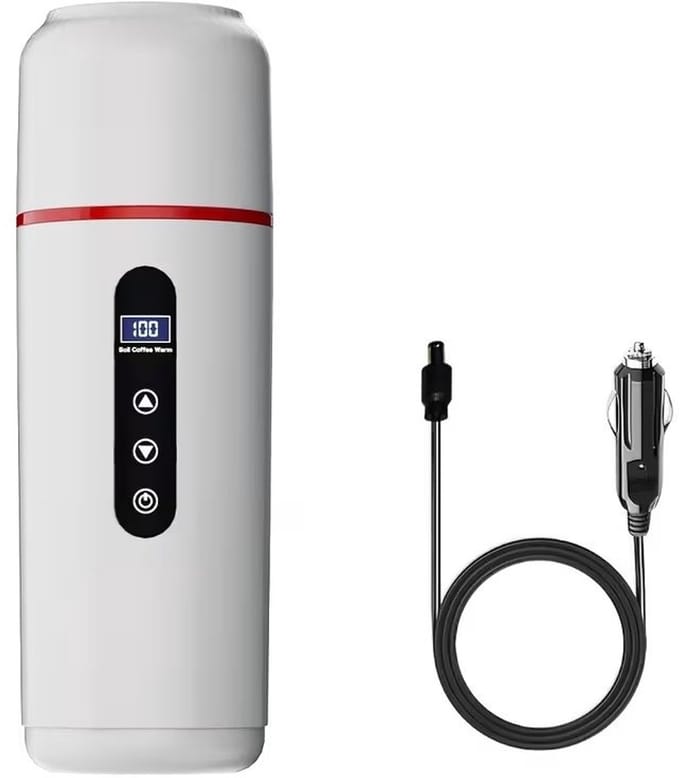 Draagbare elektrische waterkoker voor de auto, 12V/24V, 500ml, 304 RVS, temperatuurinstelbaar 30-100°C-Wit.