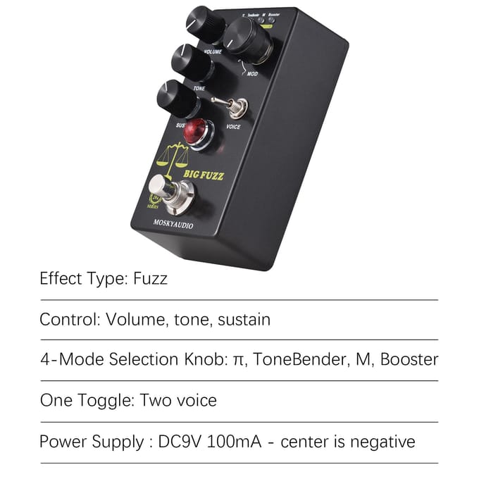 MOSKYAudio FUZZ Gitaar Effectpedaal 4 Modus Schakelaar & Volume/Toon/Sustain Regelaars Compact Draagbaar zwart