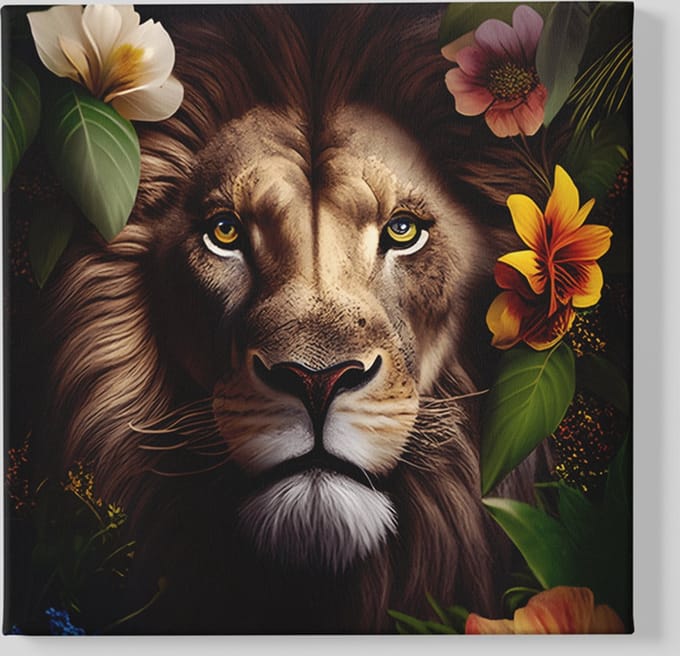 Vierkant Canvas Schilderij - Wilde Dieren - Leeuw en Bloemen - 100x100x2 cm