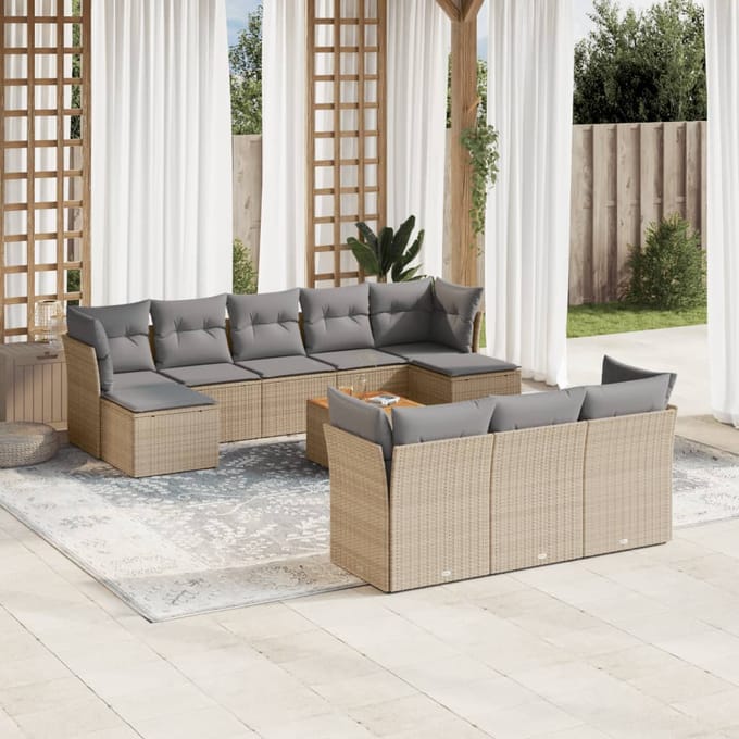 vidaXL - 11-delige - Tuinset - met - kussens - poly - rattan - beige