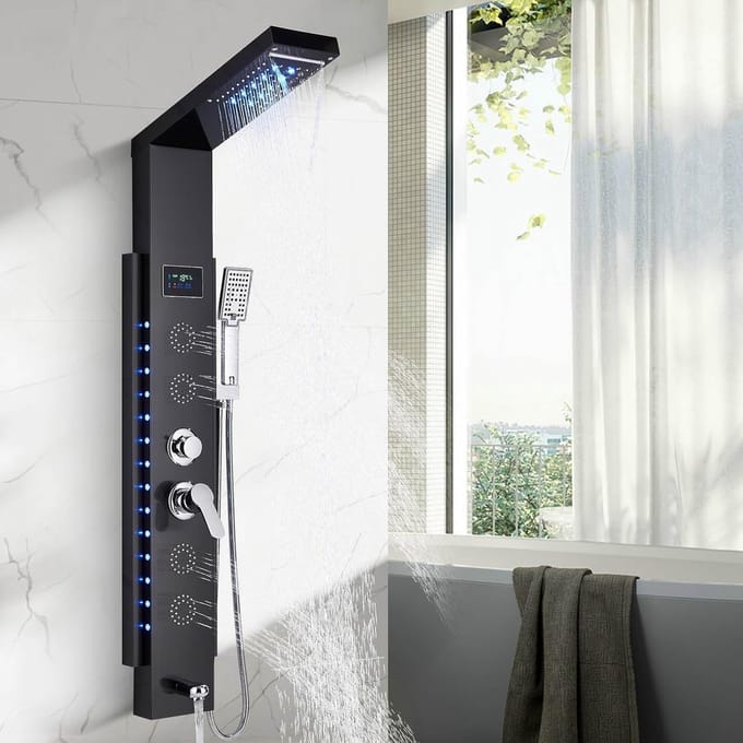 Hydromassagedouchekolom met 4 massagestralen LED-display voor watertemperatuur, douchesysteem met baduitloop en handdouche