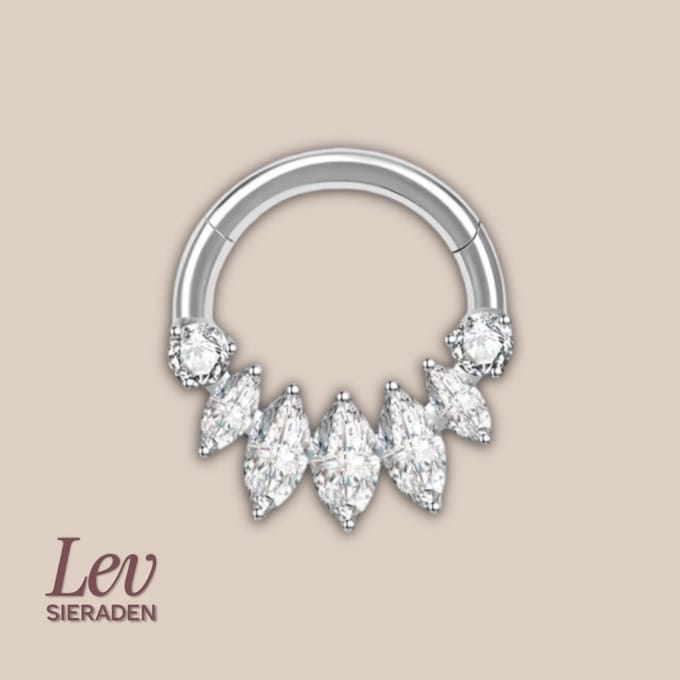 Lev Sieraden - Titanium premium neus ring - 7 steen marquise en brilliant segment ring - 1.2x8mm - Zilver - segment ring - neuspiercing - tragus piercing - Oorpiercing