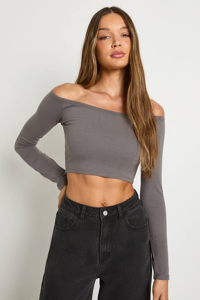 Dames Boohoo Basics Off-Shoulder Lange Mouw Top | Charcoal | Maat: 14