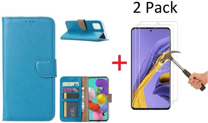 Hoesje Geschikt Voor Samsung Galaxy A71 Portemonnee hoesje + 2X Screenprotector - Turquoise