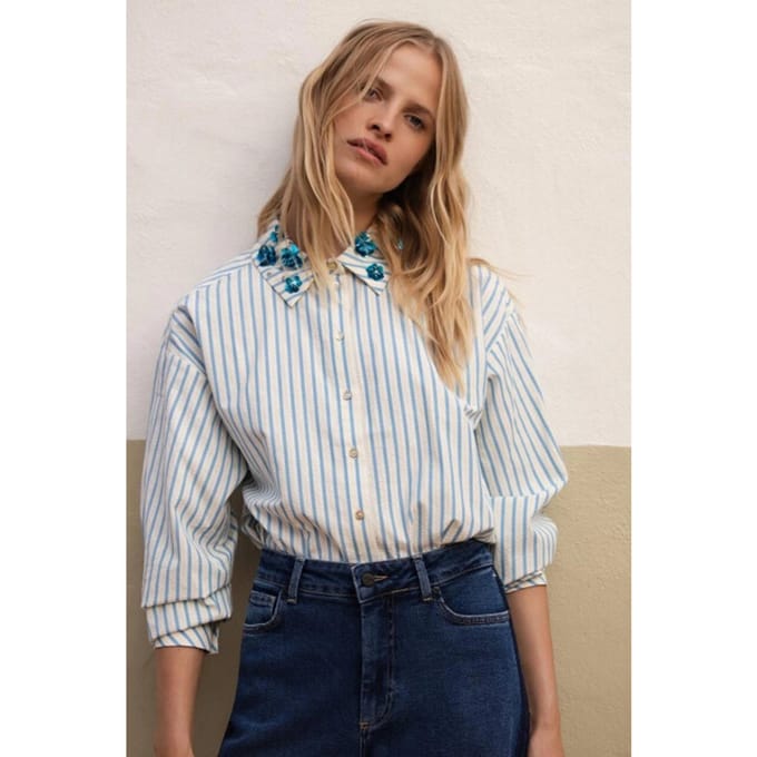 Jansen Amsterdam Micky Blouse Sa 751 Stripe Long Sleeve Sequins At Collar Dames - Jurken - Wit - Maat 44