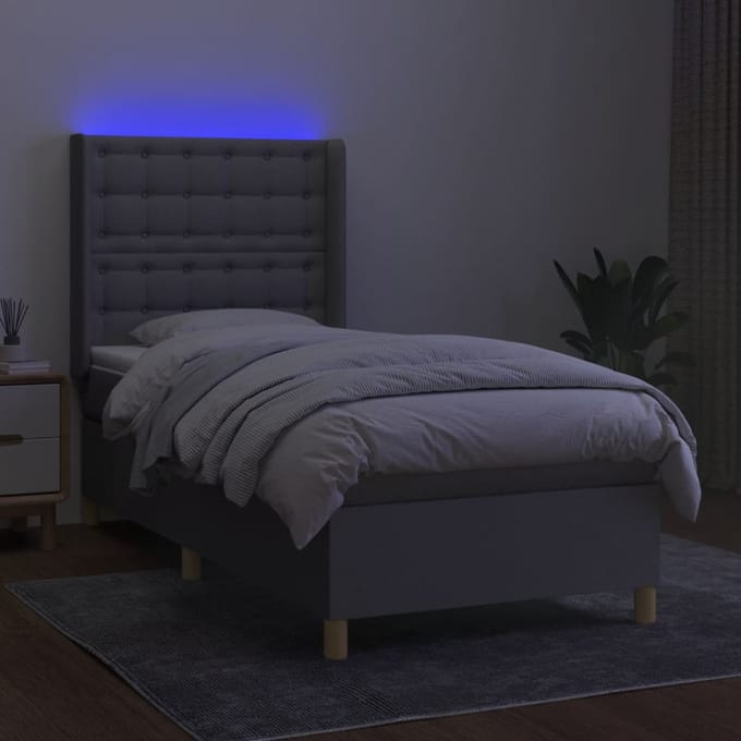 vidaXL - Boxspring - met - matras - en - LED - stof - lichtgrijs - 90x200 - cm