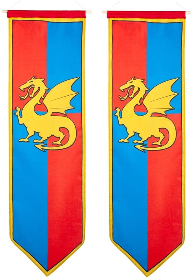 Boland Ridder banier - 2x - blauw/rood - met draak - 100 x 30 cm - vlag - riddervlag - ridder versiering - middeleeuwen