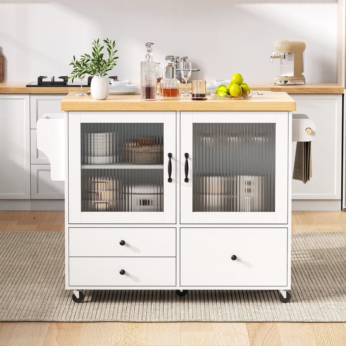 Keukentrolley - Uitschuifbare Eettafel Met Wijnglashouder en Opbergruimte - Mobiele Keukentrolley - Wit
