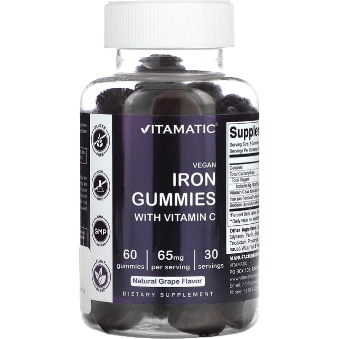 Vegan IJzer Gummies met Vitamine C, Natuurlijke Druivensmaak, 60 Gummies
