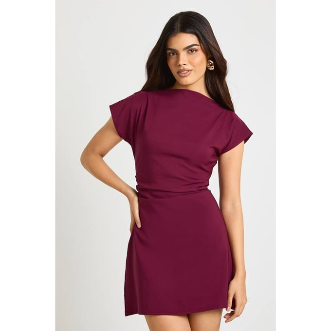 boohoo Dames Geruched hoge hals capmouw shiftjurk | Bordeaux Rood | Maat: 38