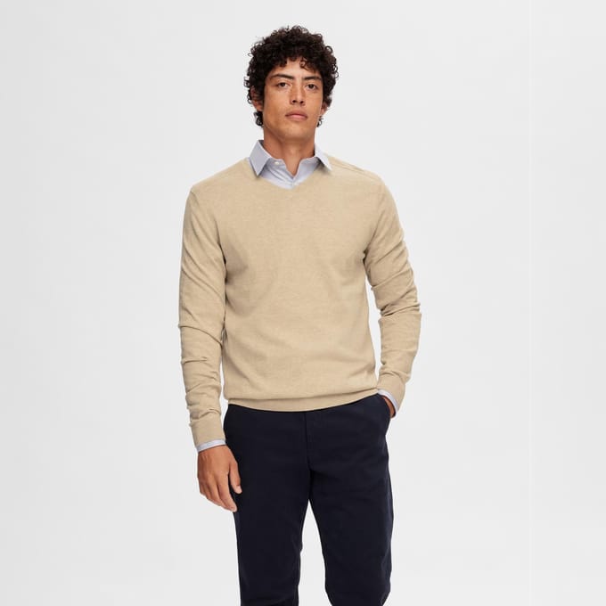 Selected - Heren Sweaters Berg Pullover V-Neck Kelp - Beige - Maat M