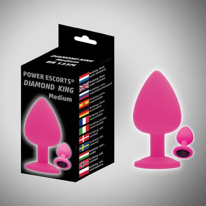 Power escorts - Diamond King plug Medium - Roze met zwarte steen - 8 x 3,5 cm - silicone -  BR133M