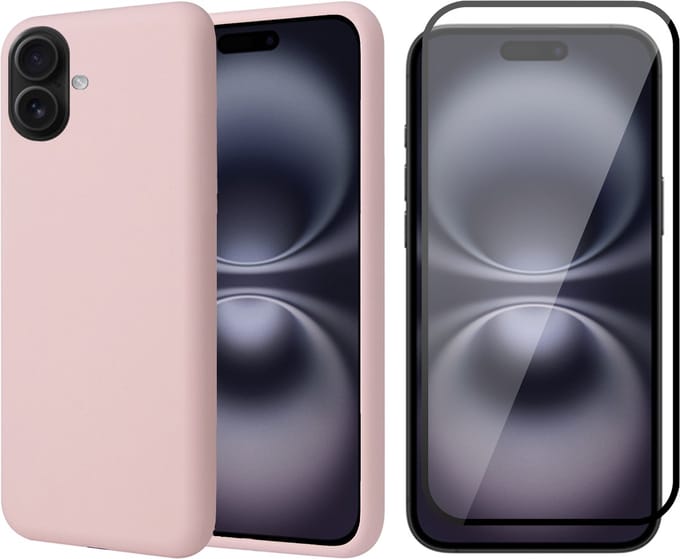 Hoesje geschikt voor iPhone 16 Plus - Screenprotector Volledig Dekkend Glas - Matte Case Roze met Fluweelzachte Binnenzijde