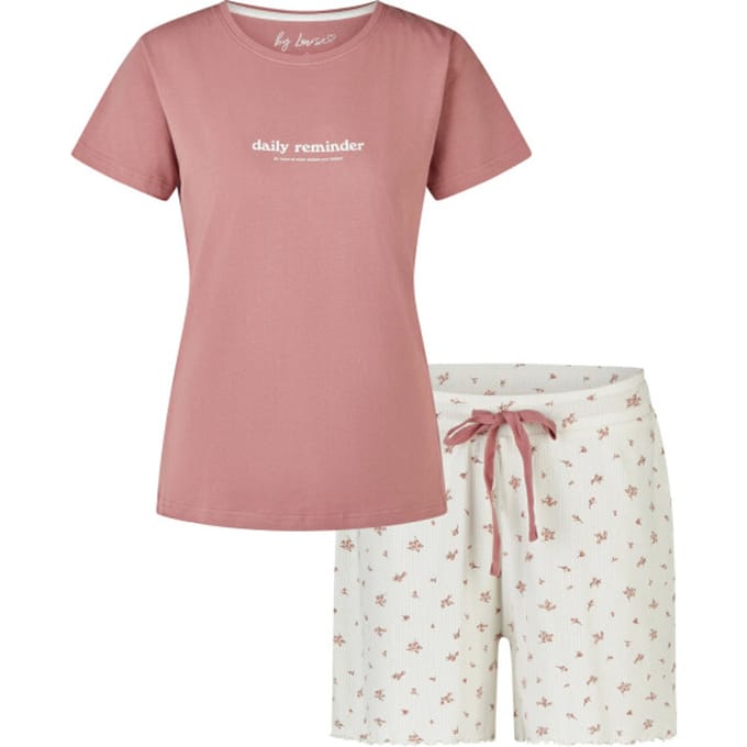 By Louise Dames Korte Pyjama Set Shortama Oudroze/Wit Gebloemd - Maat S