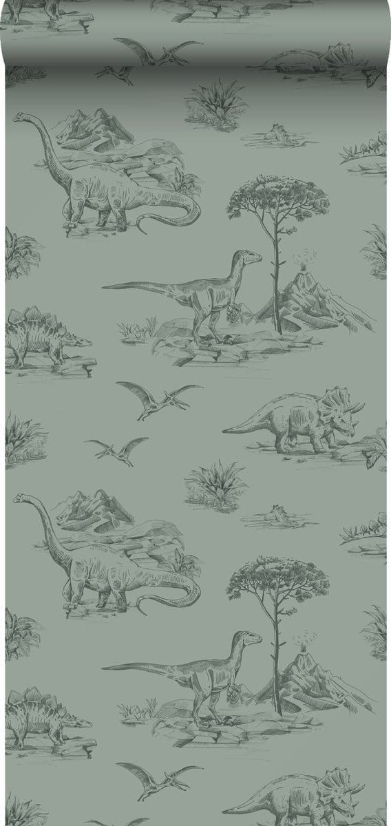 ESTAhome behang dinosaurussen vergrijsd groen - 53 cm x 10.05 m - 139358