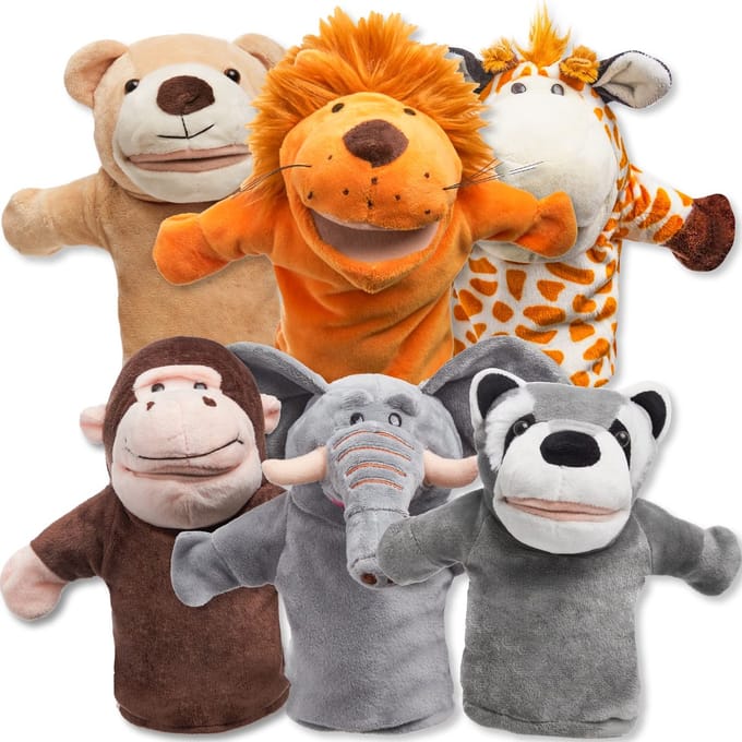 22,9 cm handpoppen met dierentuinthema en beweegbare mond, 6-pack
