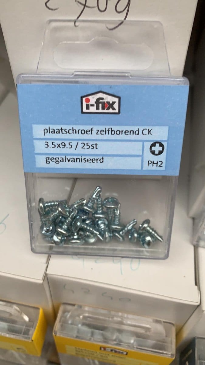 Plaatschroef. zelfborend. 3.5x9.5mm. lang. cilinderkop. verzinkt. 25stuks. I-fix.