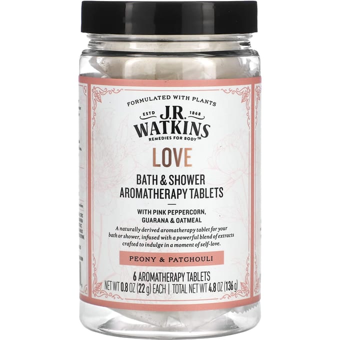 J R Watkins, Love, Bad- en Douche Aromatherapietabletten, Pioenroos & Patchouli, 6 tabletten, 22 g (0,8 oz) elk white