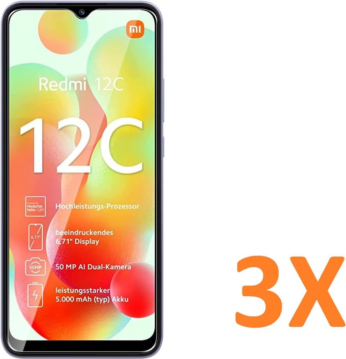 Screenprotector Glas - Tempered Glass Screen Protector Geschikt voor: Xiaomi Redmi 12C - 3x
