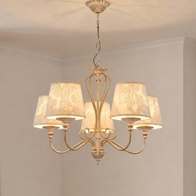 Jupiter Kroonluchter Sofia Ecrie beige/goud 5-lamps textiel staal E27